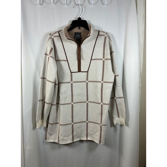 Lysse Sweaters - Lysse New York Womens Large Cream Brown Windowpane Grid Quarter Zip Sweater